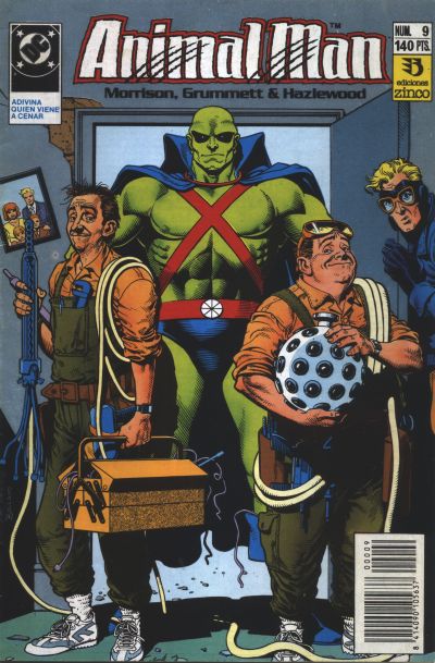 Animal Man is on the right having opened the door for the Martian Manhunter who stands in door opening. In front of him are two not too bright looking technicans holding pieces of high tech security kit